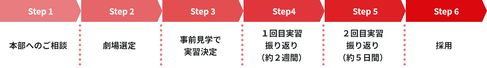 STEP1 本部へのご相談、STEP2 劇場選定、STEP3 事前見学で実習決定、STEP4 1回目実習・振り返り（約2週間）、STEP5 2回目実習・振り返り（約5日間）、STEP6 採用